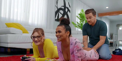 Interracial threesome makes the girls forget about video game