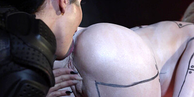 Slutty Power Ranger tries lesbian sex with buxom robot assistant