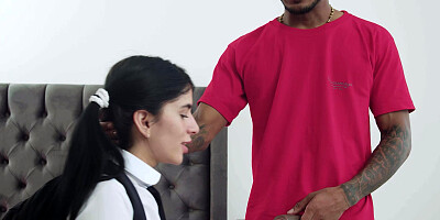 Young schoolgirl and stepdad catches her boyfriend masturbating with her thong and gets anal pounded hard.