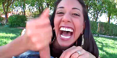 Endearing hottie Lyla Storm wanks her man's cock outdoors