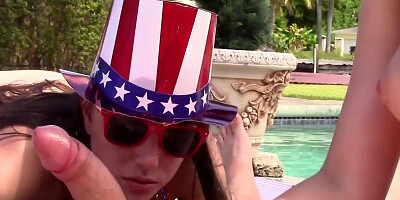 Girls and bald stallion celebrate Independence Day by outdoor sex