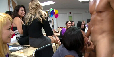 Naked stripper during office party allows women to suck his dick