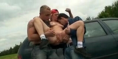 Promiscuous granny takes 2 stiffys in the fields