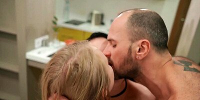 A blonde and a brunette having an MFF with an Euro dude