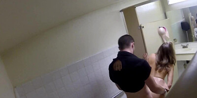 Slut in a miniskirt has a vigorous quickie in a public bathroom