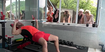 Grannies rush on the young cock in the gym