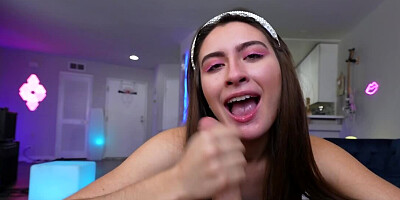 Obedient brunette sucks dick of porn agent in front of camera