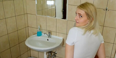 Cute blonde is fucked in the toilet next to a cuckold boyfriend