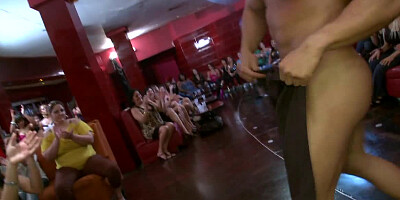 Strippers with big cocks get blown by sluts at the club