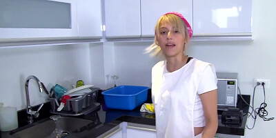 Cute cleaning lady is going to tease him without knowing