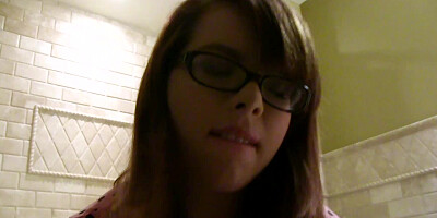 Petite nerd girl and a big dick guy fucking in the bathroom