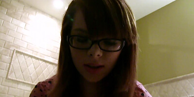 Petite nerd girl and a big dick guy fucking in the bathroom