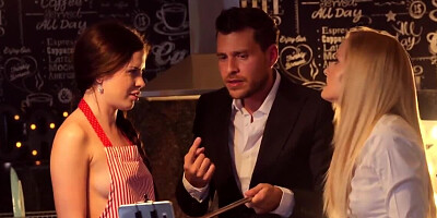 Cock-teasing brunette is being fucked by two horny guys