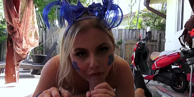 Sweet blonde Aria Banks is sucking a cock in the backyard