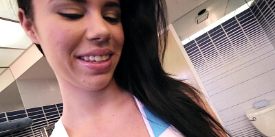 A raven haired girl is getting a large dick inside her vagina
