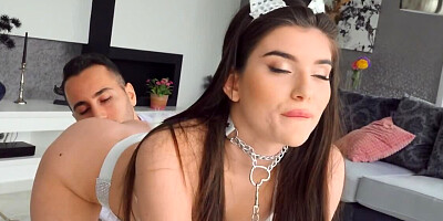 Skinny brunette in sexy cat outfit nicely drilled with fat cock