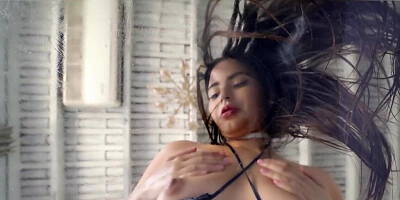 Brunette in lingerie teases her pussy and deepthroats a big dick