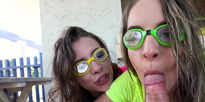 Two insatiable nymphs share one impressive dick on the terrace