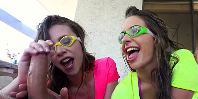 Two insatiable nymphs share one impressive dick on the terrace