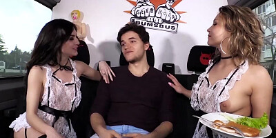 Lullu Gun and Eva Adams are sharing a hard cock in the van