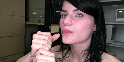 Blue eyed honey is pulling on a guys massive pecker with her hands