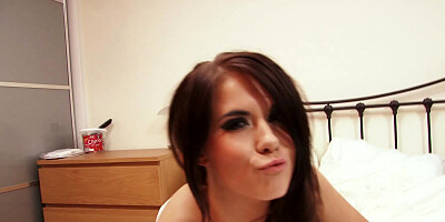 A brunette removes her bikini and then has fun with a dildo