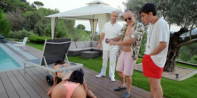 Boy fucks Latina charmers who lick each other's pussy by pool