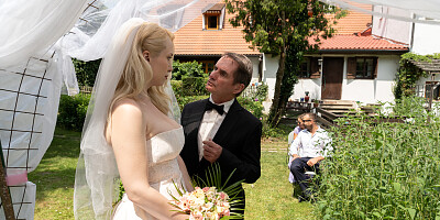 Slutty bride blows a groom and fucks in front of the guests