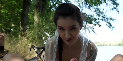 Brunette girl Alisa Horakova fucks outside in front of a voyeur