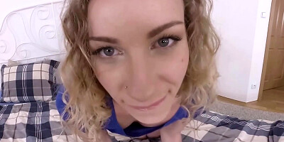 Curly-haired beauty massages sweet pussy in hot VR video