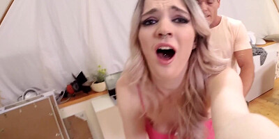 Busty blonde rides photographer's stiff dick on the couch