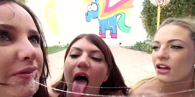 POV Deepthroat battle with three stunning nympho babes
