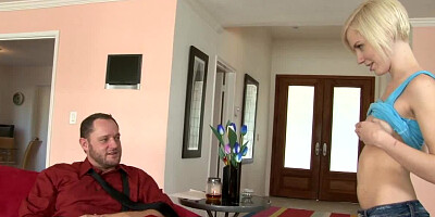 A blonde teen gets naked and then she gets fucked hard in the living room