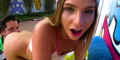 A brunette is in the hot gonzo video, getting fucked while on her back
