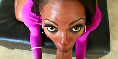 Naughty ebony babe seductively sucks a fat white cock in POV