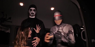 Love does group porn with costumed guys on Halloween in their bus