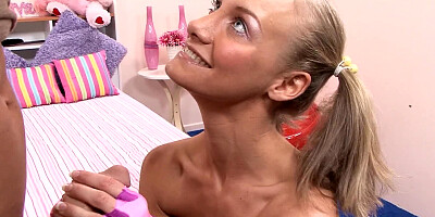 Blonde with pigtails is getting semen in her pretty mouth