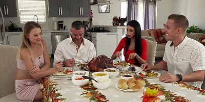 Kiara Cole, Reagan Foxx And Kyler Quinn In Np Thanksgiving: Were Thankful For Stepmom Titties & Moist Pussies