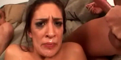 Degraded and pounded horny brunette threeway whore