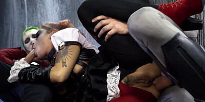A blonde is sucking a cock while another is fucking her cunt