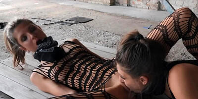 Teens' pussies are licked to orgasms by themselves in debris