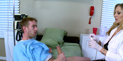 A blonde doctor is placing her tight pussy over a large dick