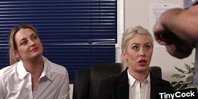 Voyeur femdom ladies teasing small cock in their office