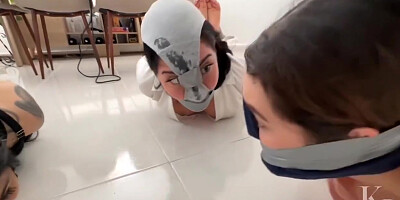 Three Dirty Socks Mouth Stuffed Into Three Dirty Panty Mask