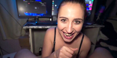 Ponytail Brunette Sucks And Swallows Under Table