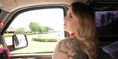 Curvy blonde girl rides a big hard cock in the van