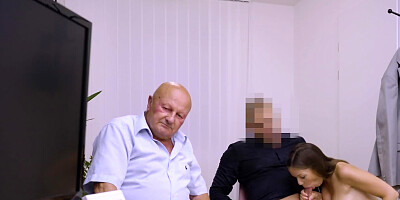 Trophy wife bangs another man next to her old cuckold hubby