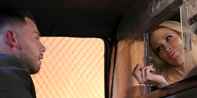 Female taxi driver and passenger play with genitals in the car