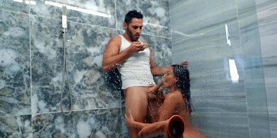 Curvaceous MILF takes a shower when she gets a hung visitor