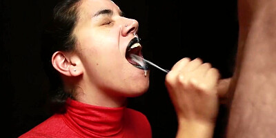 Cfnm - Red Turtleneck, Black Lips - Handjob + Cum Mouthful + Cum On Clothes